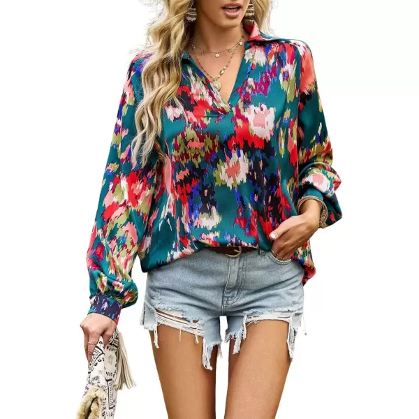 imagechouyatou Womens Color Block Boho Blouses Abstract Print Lantern Long Sleeve Casual Work Shirt TopsDark Green