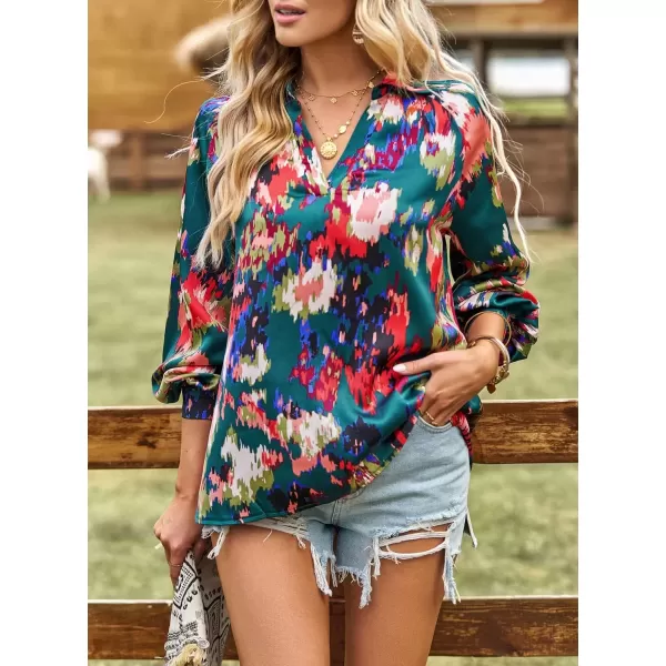 imagechouyatou Womens Color Block Boho Blouses Abstract Print Lantern Long Sleeve Casual Work Shirt TopsDark Green