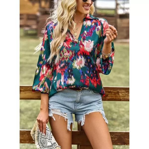 imagechouyatou Womens Color Block Boho Blouses Abstract Print Lantern Long Sleeve Casual Work Shirt TopsDark Green