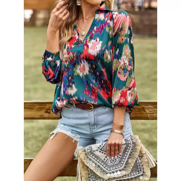 imagechouyatou Womens Color Block Boho Blouses Abstract Print Lantern Long Sleeve Casual Work Shirt TopsDark Green