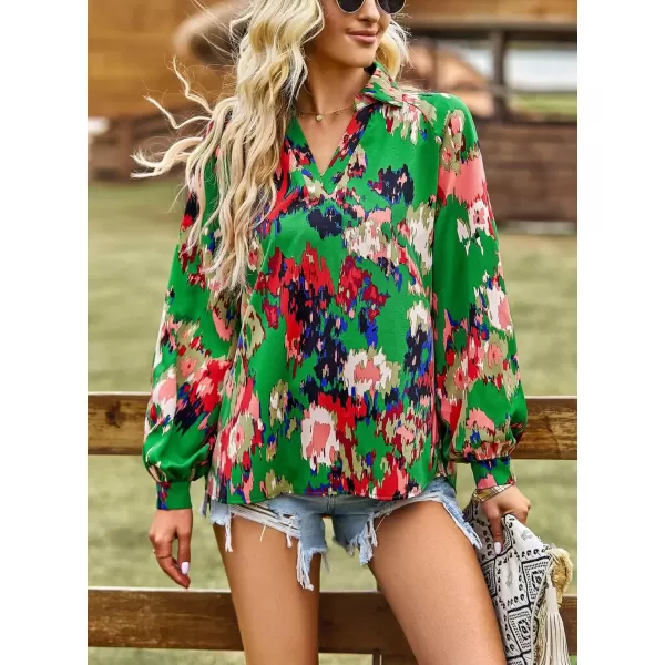 imagechouyatou Womens Color Block Boho Blouses Abstract Print Lantern Long Sleeve Casual Work Shirt TopsGreen