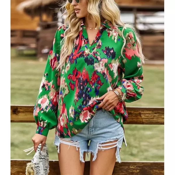 imagechouyatou Womens Color Block Boho Blouses Abstract Print Lantern Long Sleeve Casual Work Shirt TopsGreen