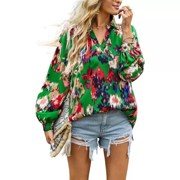imagechouyatou Womens Color Block Boho Blouses Abstract Print Lantern Long Sleeve Casual Work Shirt TopsGreen