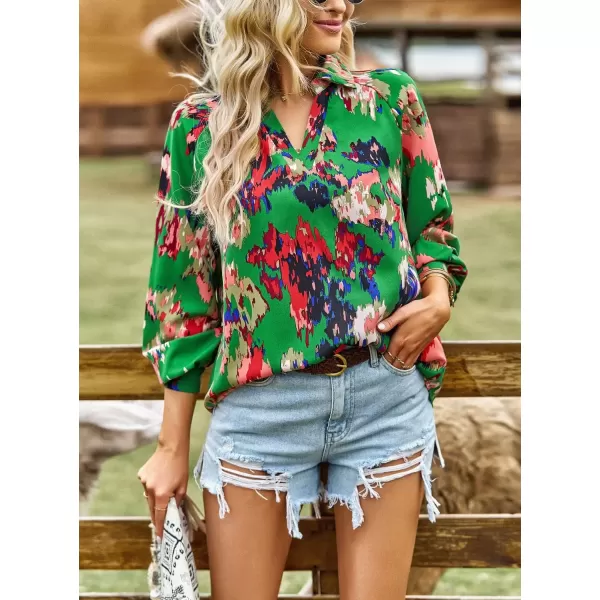 imagechouyatou Womens Color Block Boho Blouses Abstract Print Lantern Long Sleeve Casual Work Shirt TopsGreen