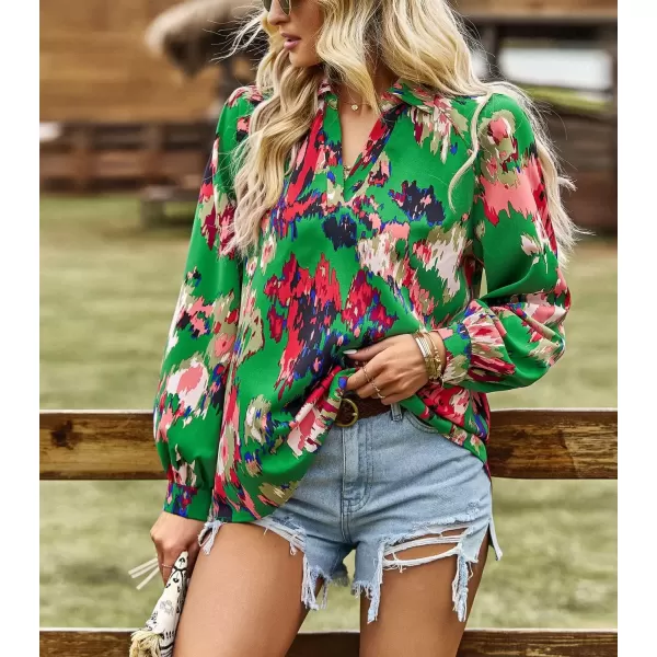 imagechouyatou Womens Color Block Boho Blouses Abstract Print Lantern Long Sleeve Casual Work Shirt TopsGreen