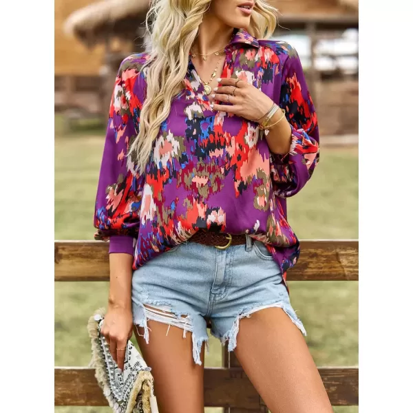imagechouyatou Womens Color Block Boho Blouses Abstract Print Lantern Long Sleeve Casual Work Shirt TopsPurple