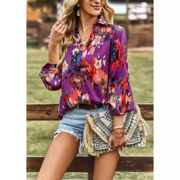 imagechouyatou Womens Color Block Boho Blouses Abstract Print Lantern Long Sleeve Casual Work Shirt TopsPurple