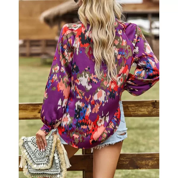 imagechouyatou Womens Color Block Boho Blouses Abstract Print Lantern Long Sleeve Casual Work Shirt TopsPurple
