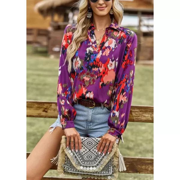 imagechouyatou Womens Color Block Boho Blouses Abstract Print Lantern Long Sleeve Casual Work Shirt TopsPurple