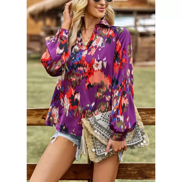 imagechouyatou Womens Color Block Boho Blouses Abstract Print Lantern Long Sleeve Casual Work Shirt TopsPurple