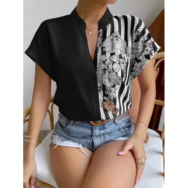 imagechouyatou Womens Color Block Button Down Shirts Striped Floral Print Short Sleeve Boho Blouse TopsBlack