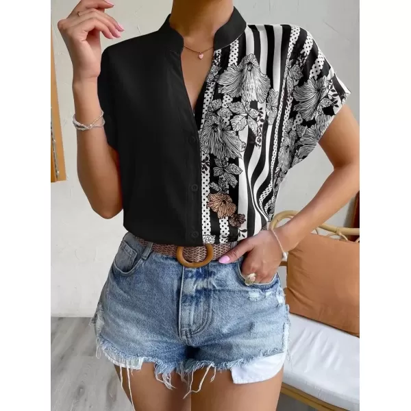 imagechouyatou Womens Color Block Button Down Shirts Striped Floral Print Short Sleeve Boho Blouse TopsBlack
