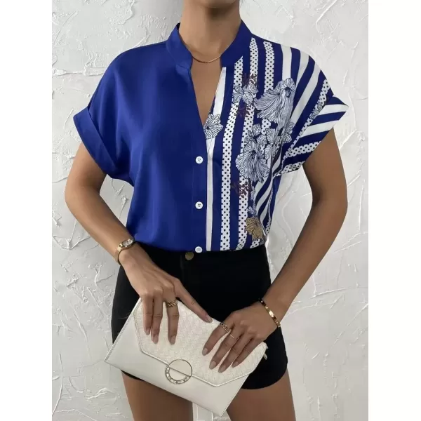 imagechouyatou Womens Color Block Button Down Shirts Striped Floral Print Short Sleeve Boho Blouse TopsBlue