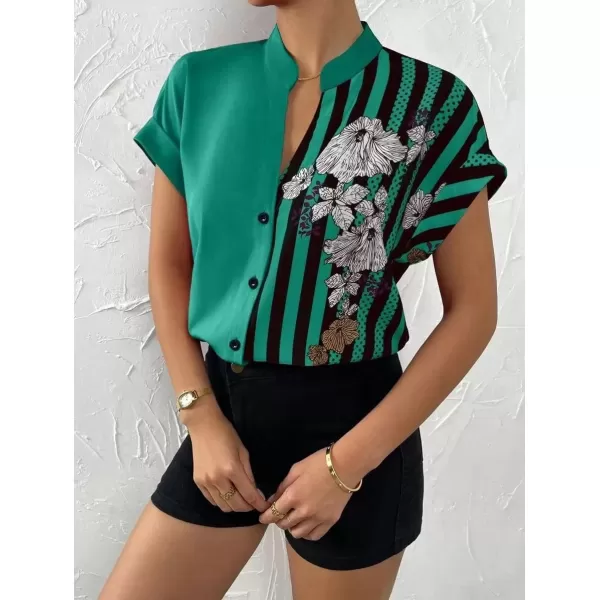 imagechouyatou Womens Color Block Button Down Shirts Striped Floral Print Short Sleeve Boho Blouse TopsGreen