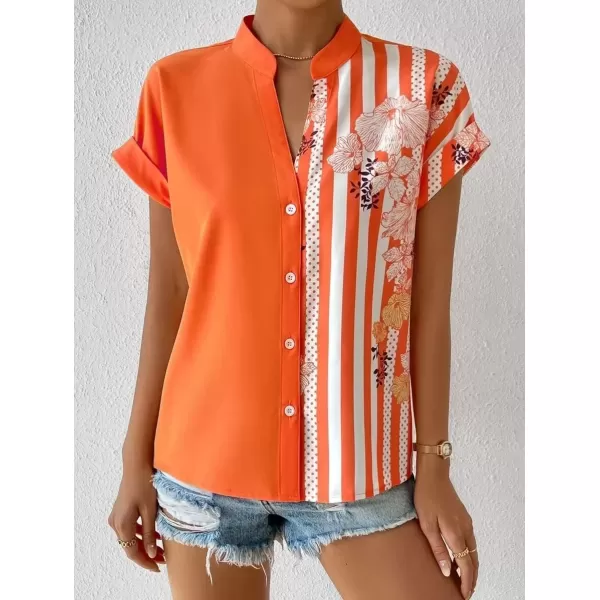 imagechouyatou Womens Color Block Button Down Shirts Striped Floral Print Short Sleeve Boho Blouse TopsOrange