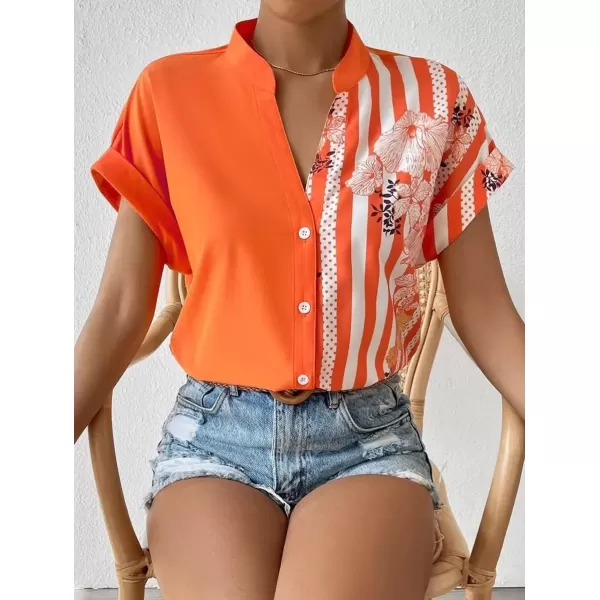 imagechouyatou Womens Color Block Button Down Shirts Striped Floral Print Short Sleeve Boho Blouse TopsOrange
