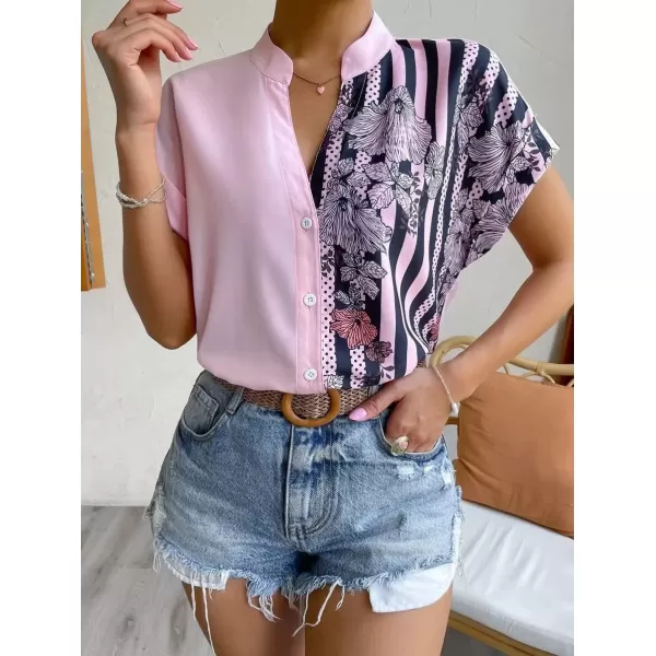 imagechouyatou Womens Color Block Button Down Shirts Striped Floral Print Short Sleeve Boho Blouse TopsPink
