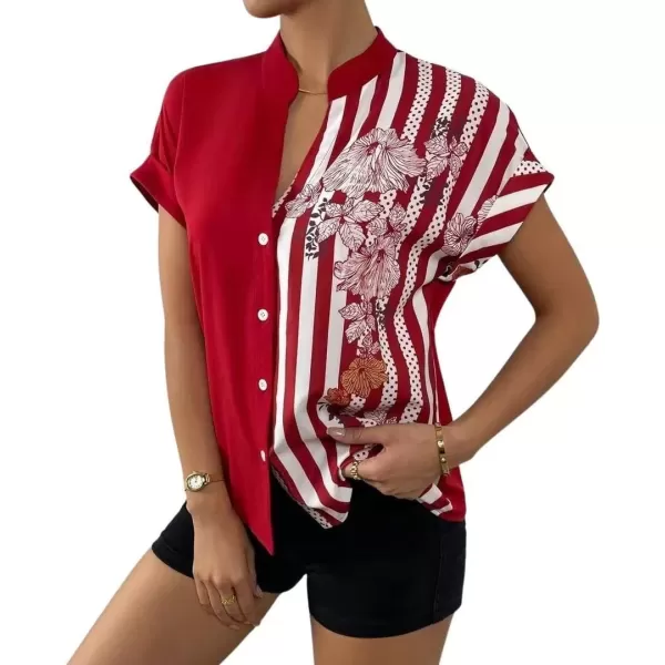 imagechouyatou Womens Color Block Button Down Shirts Striped Floral Print Short Sleeve Boho Blouse TopsRed