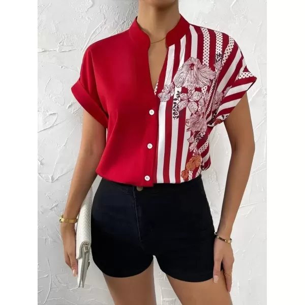 imagechouyatou Womens Color Block Button Down Shirts Striped Floral Print Short Sleeve Boho Blouse TopsRed