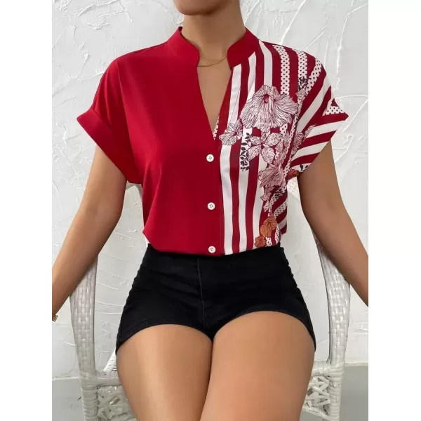 imagechouyatou Womens Color Block Button Down Shirts Striped Floral Print Short Sleeve Boho Blouse TopsRed