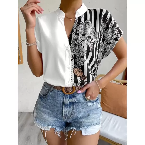imagechouyatou Womens Color Block Button Down Shirts Striped Floral Print Short Sleeve Boho Blouse TopsWhite