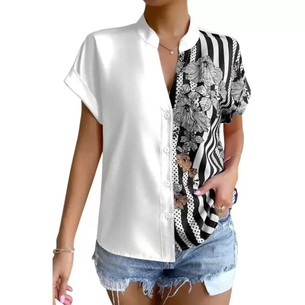 imagechouyatou Womens Color Block Button Down Shirts Striped Floral Print Short Sleeve Boho Blouse TopsWhite