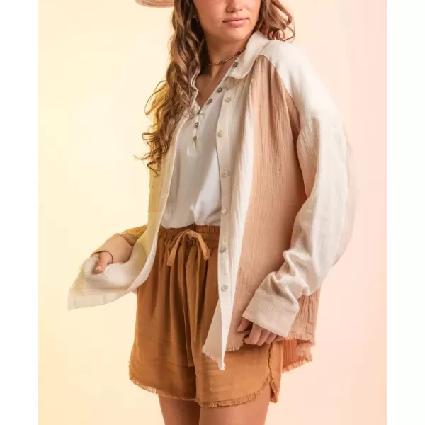 imagechouyatou Womens Color Block Long Sleeve Button Down Frayed Raw Hem Boho Blouse Shirt TopsBeige Apricot