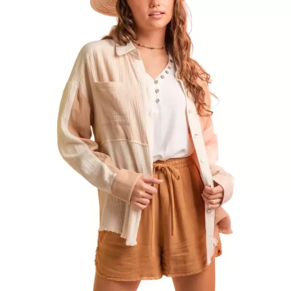 imagechouyatou Womens Color Block Long Sleeve Button Down Frayed Raw Hem Boho Blouse Shirt TopsBeige Apricot