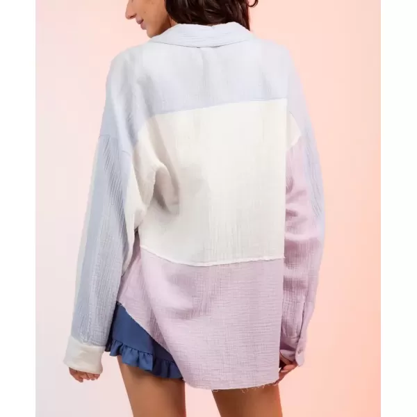 imagechouyatou Womens Color Block Long Sleeve Button Down Frayed Raw Hem Boho Blouse Shirt TopsBlue Purple