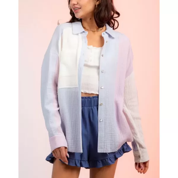 imagechouyatou Womens Color Block Long Sleeve Button Down Frayed Raw Hem Boho Blouse Shirt TopsBlue Purple