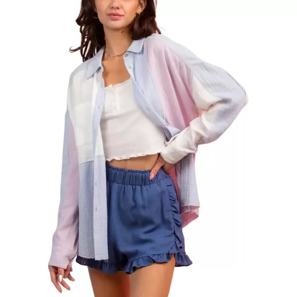 imagechouyatou Womens Color Block Long Sleeve Button Down Frayed Raw Hem Boho Blouse Shirt TopsBlue Purple
