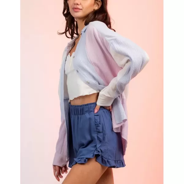 imagechouyatou Womens Color Block Long Sleeve Button Down Frayed Raw Hem Boho Blouse Shirt TopsBlue Purple