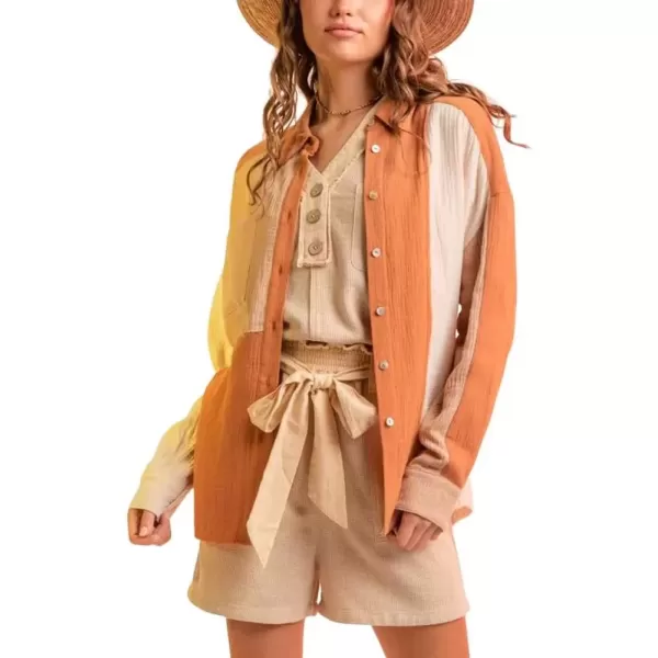 imagechouyatou Womens Color Block Long Sleeve Button Down Frayed Raw Hem Boho Blouse Shirt TopsCaramel Brown