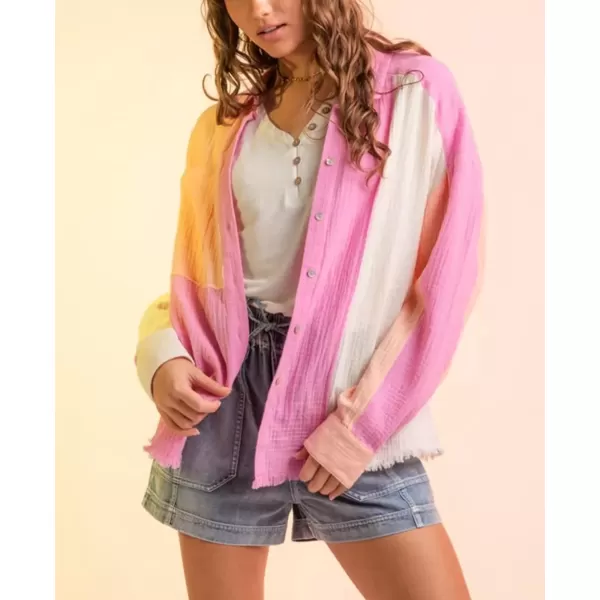 imagechouyatou Womens Color Block Long Sleeve Button Down Frayed Raw Hem Boho Blouse Shirt TopsRose Red