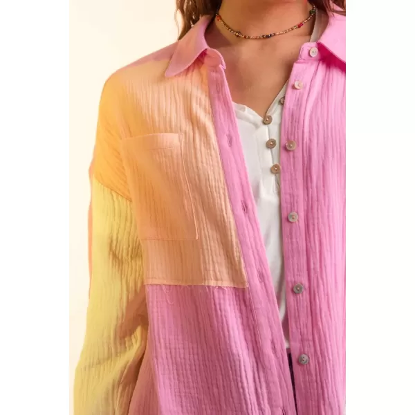 imagechouyatou Womens Color Block Long Sleeve Button Down Frayed Raw Hem Boho Blouse Shirt TopsRose Red