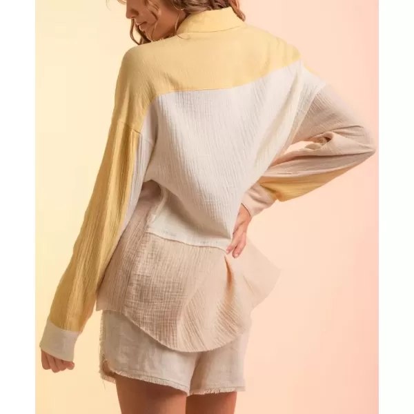 imagechouyatou Womens Color Block Long Sleeve Button Down Frayed Raw Hem Boho Blouse Shirt TopsYellow