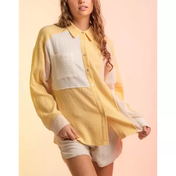 imagechouyatou Womens Color Block Long Sleeve Button Down Frayed Raw Hem Boho Blouse Shirt TopsYellow