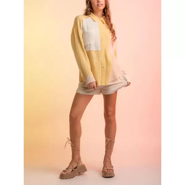 imagechouyatou Womens Color Block Long Sleeve Button Down Frayed Raw Hem Boho Blouse Shirt TopsYellow