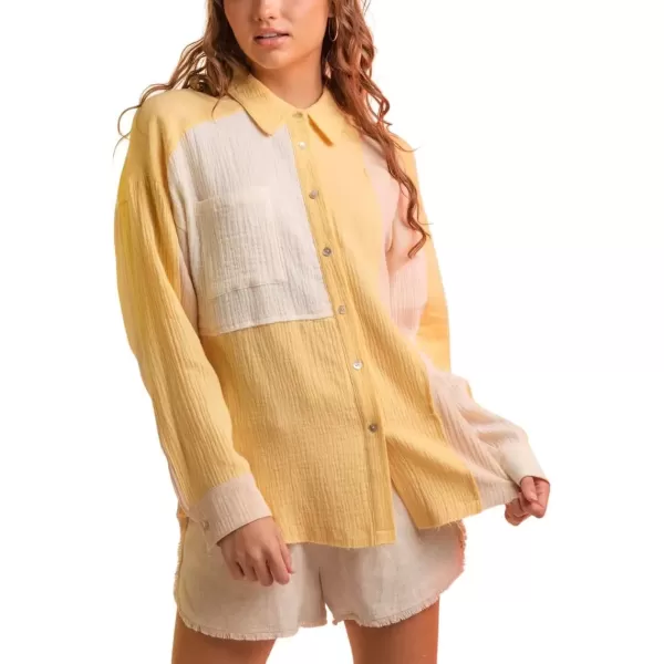 imagechouyatou Womens Color Block Long Sleeve Button Down Frayed Raw Hem Boho Blouse Shirt TopsYellow