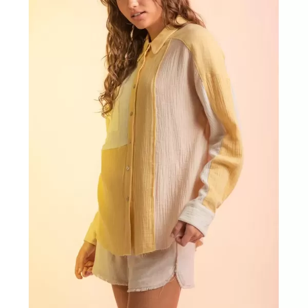 imagechouyatou Womens Color Block Long Sleeve Button Down Frayed Raw Hem Boho Blouse Shirt TopsYellow