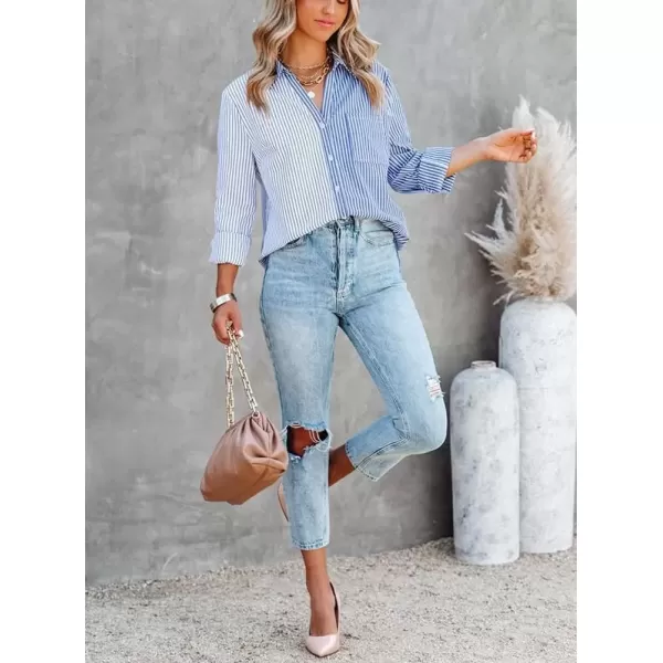 imagechouyatou Womens Color Block Striped Shirt V Neck Long Sleeve Button Down Blouse TopsBlue