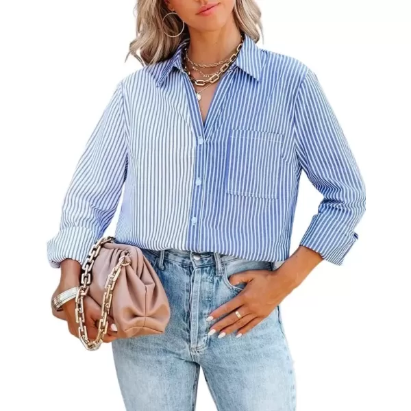 imagechouyatou Womens Color Block Striped Shirt V Neck Long Sleeve Button Down Blouse TopsBlue