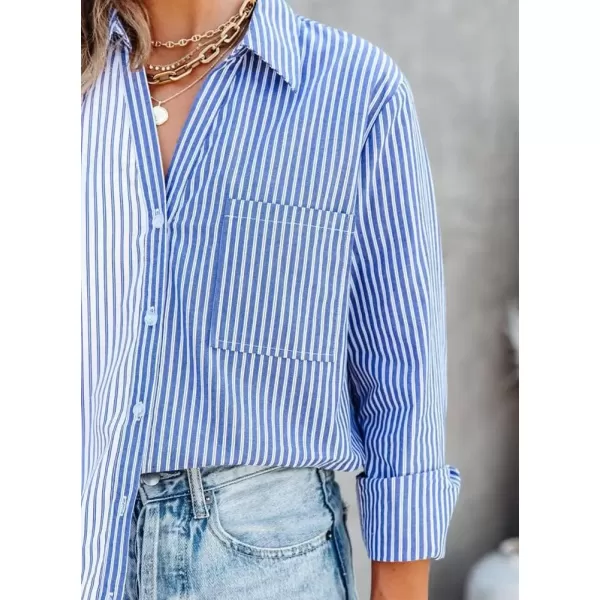 imagechouyatou Womens Color Block Striped Shirt V Neck Long Sleeve Button Down Blouse TopsBlue