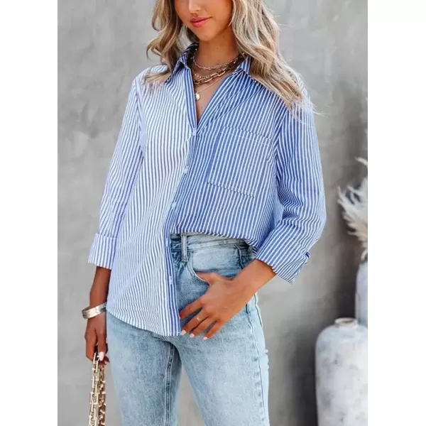 imagechouyatou Womens Color Block Striped Shirt V Neck Long Sleeve Button Down Blouse TopsBlue