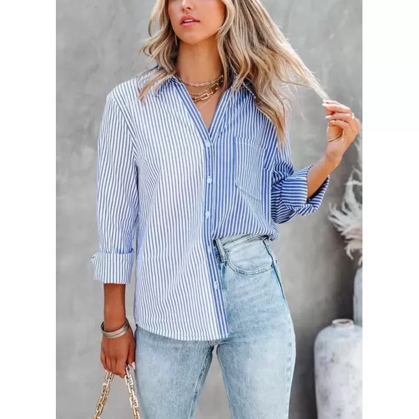 imagechouyatou Womens Color Block Striped Shirt V Neck Long Sleeve Button Down Blouse TopsBlue