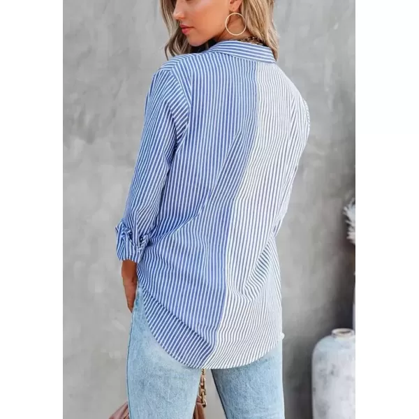 imagechouyatou Womens Color Block Striped Shirt V Neck Long Sleeve Button Down Blouse TopsBlue