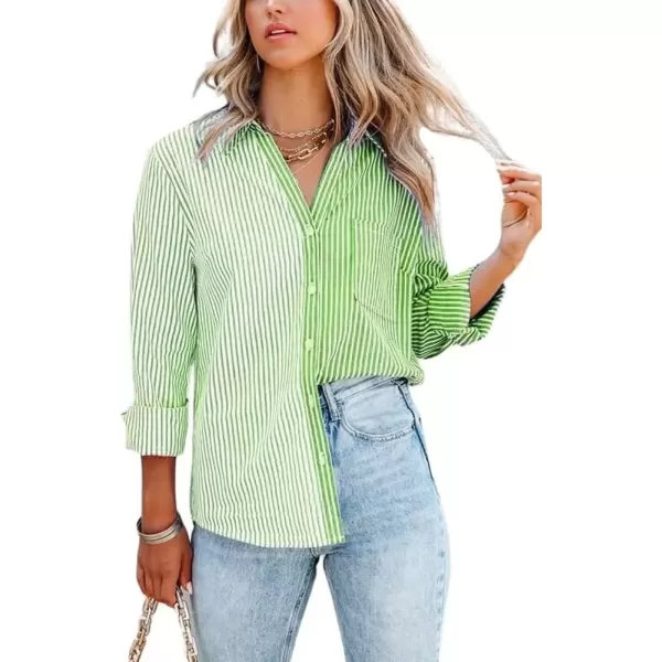 imagechouyatou Womens Color Block Striped Shirt V Neck Long Sleeve Button Down Blouse TopsLight Green
