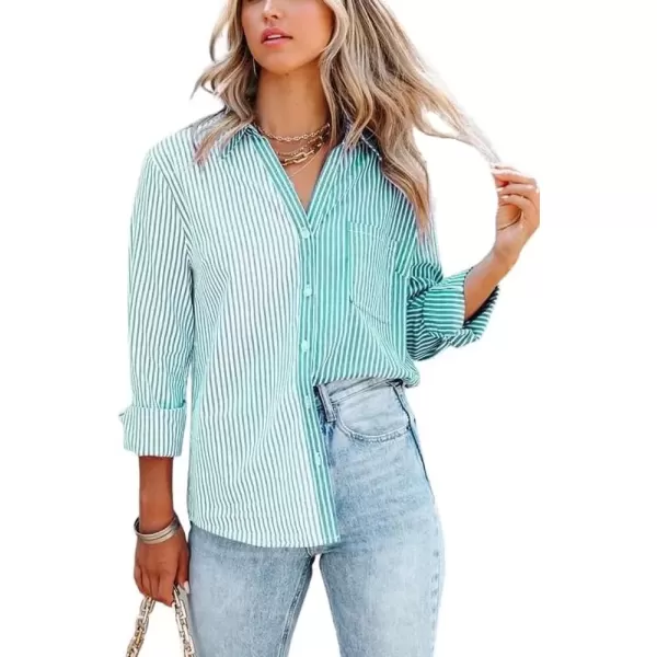 imagechouyatou Womens Color Block Striped Shirt V Neck Long Sleeve Button Down Blouse TopsMint Green