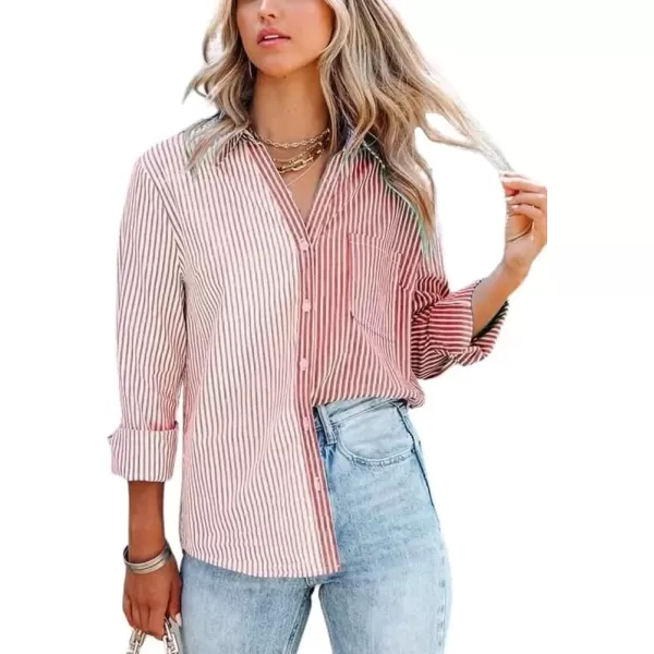 imagechouyatou Womens Color Block Striped Shirt V Neck Long Sleeve Button Down Blouse TopsPink
