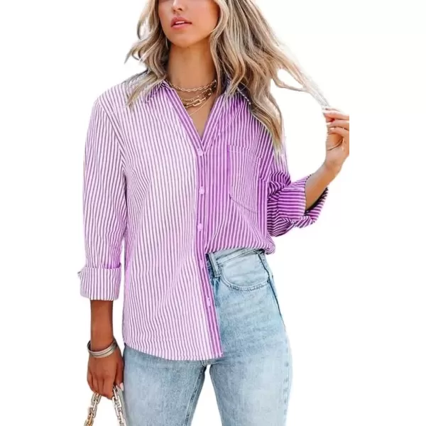 imagechouyatou Womens Color Block Striped Shirt V Neck Long Sleeve Button Down Blouse TopsPurple